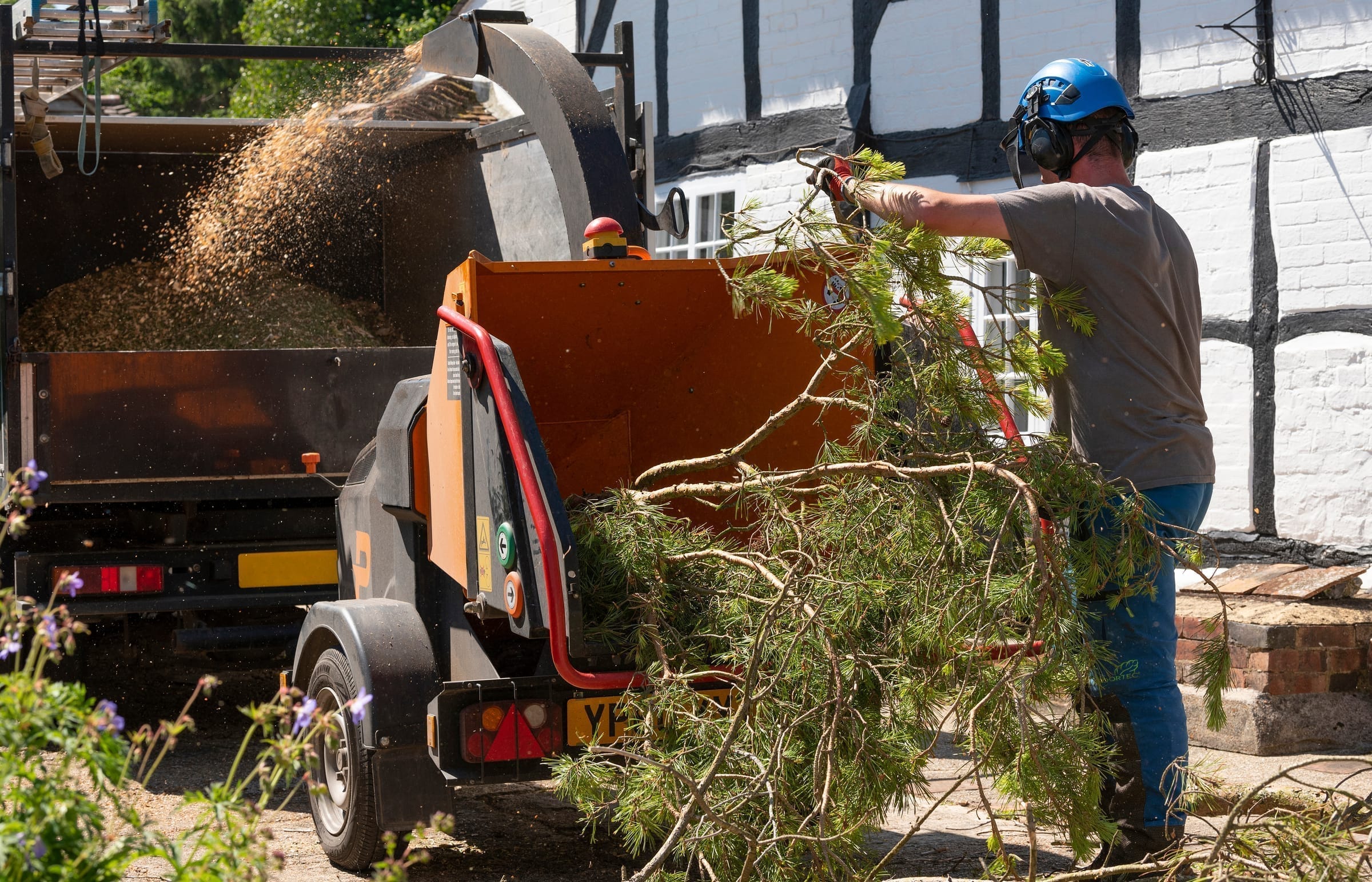 Crew loading branches into a wood chipper